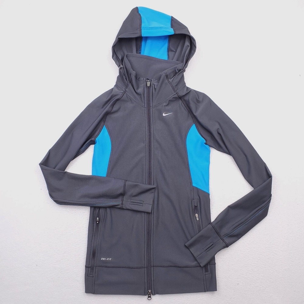 Nike‎ Track Jacket Womens Small Gray Blue Hooded Thumbhole Sleeve Athleisure
